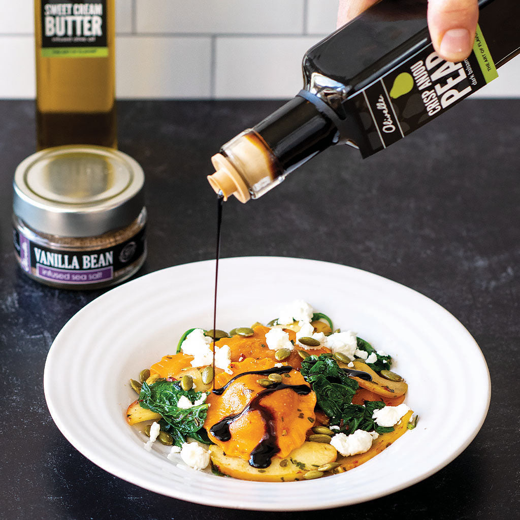 Squash Ravioli with Sautéed Apples and a Pear Balsamic Drizzle