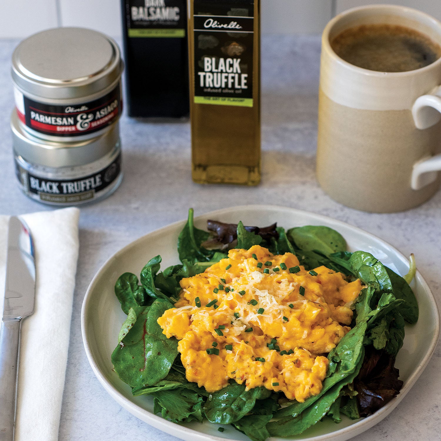 Creamy Parmesan Eggs with Truffled Greens