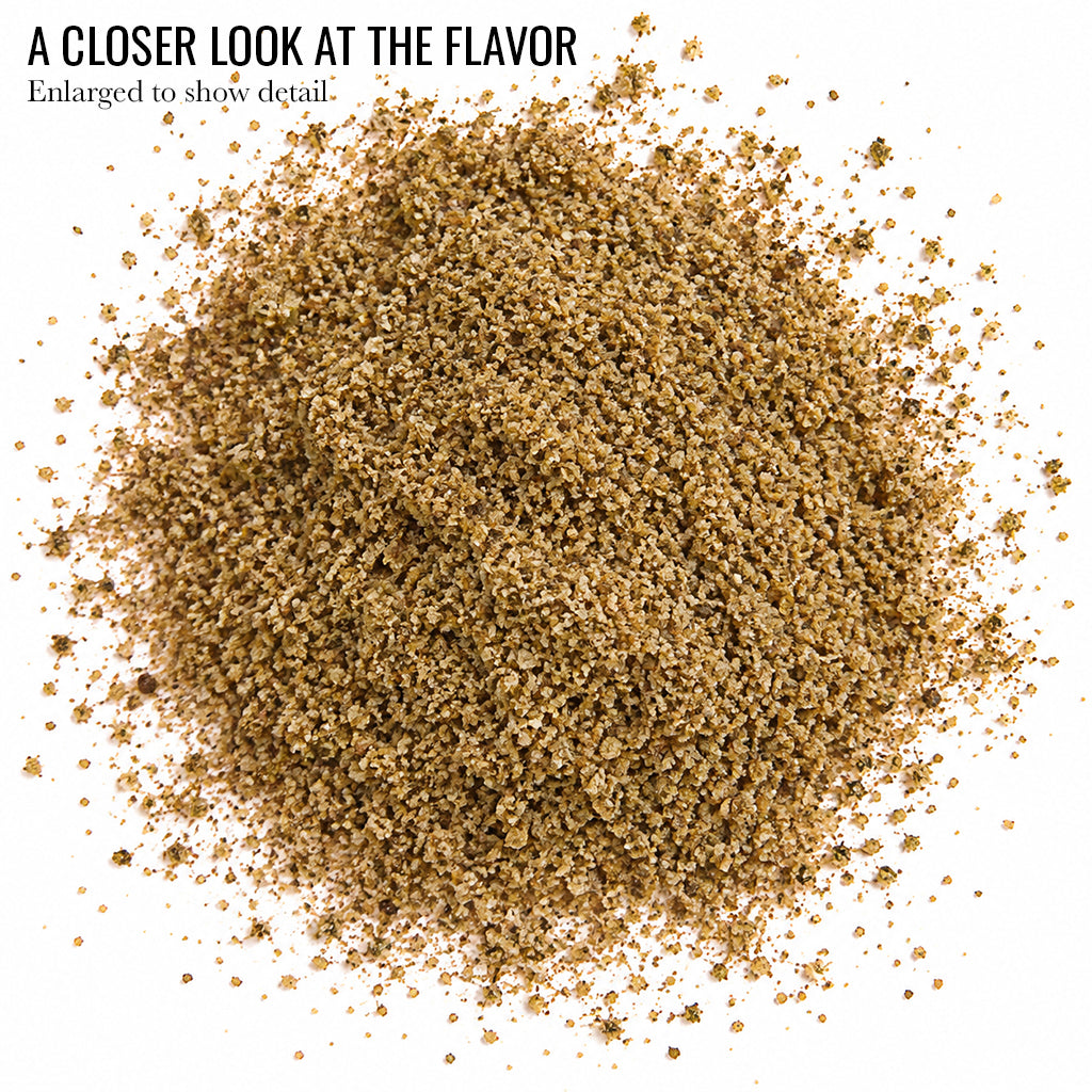 Close up of coarse Applewood Smoked Sea Salt grains with the words A Closer Look at the Flavor
