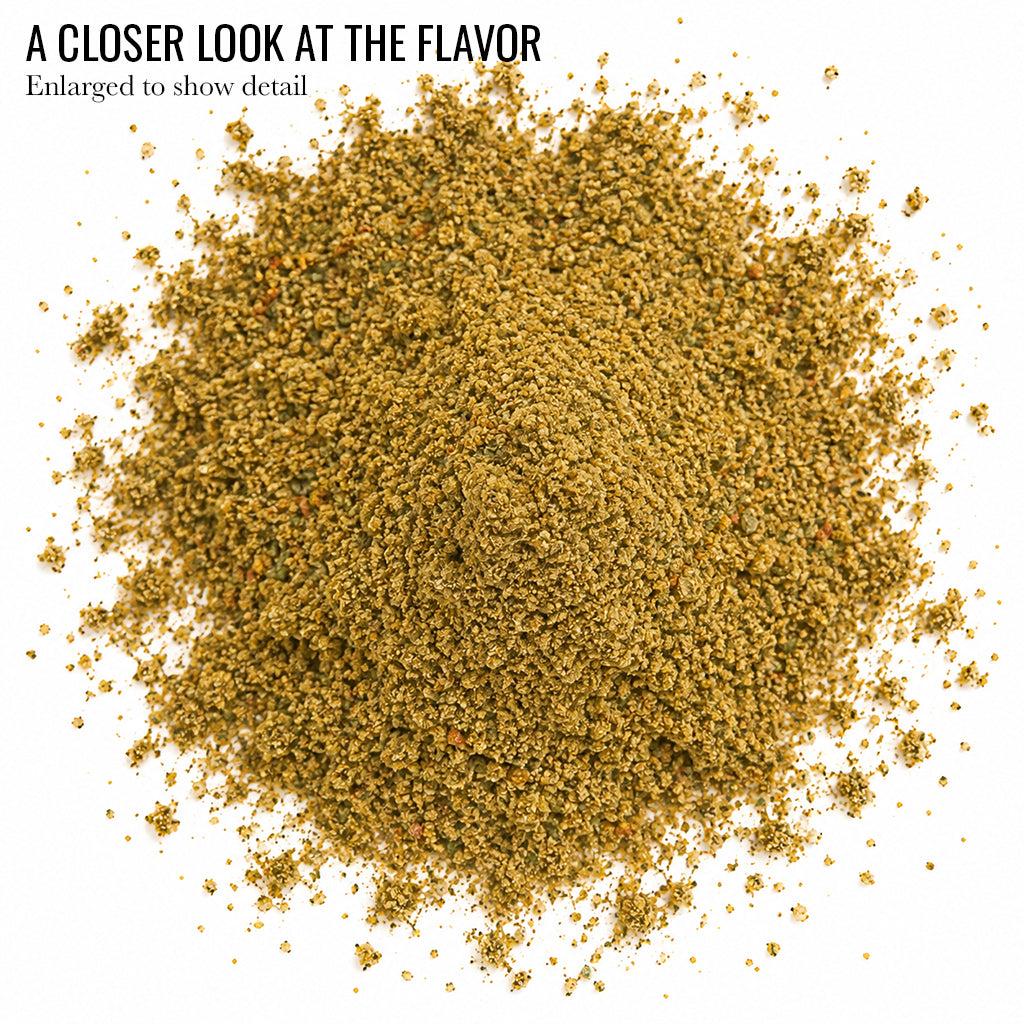 Close up of olive green Black Garlic Shiitake Rub and Seasoning blend with the words A Closer Look at the Flavor