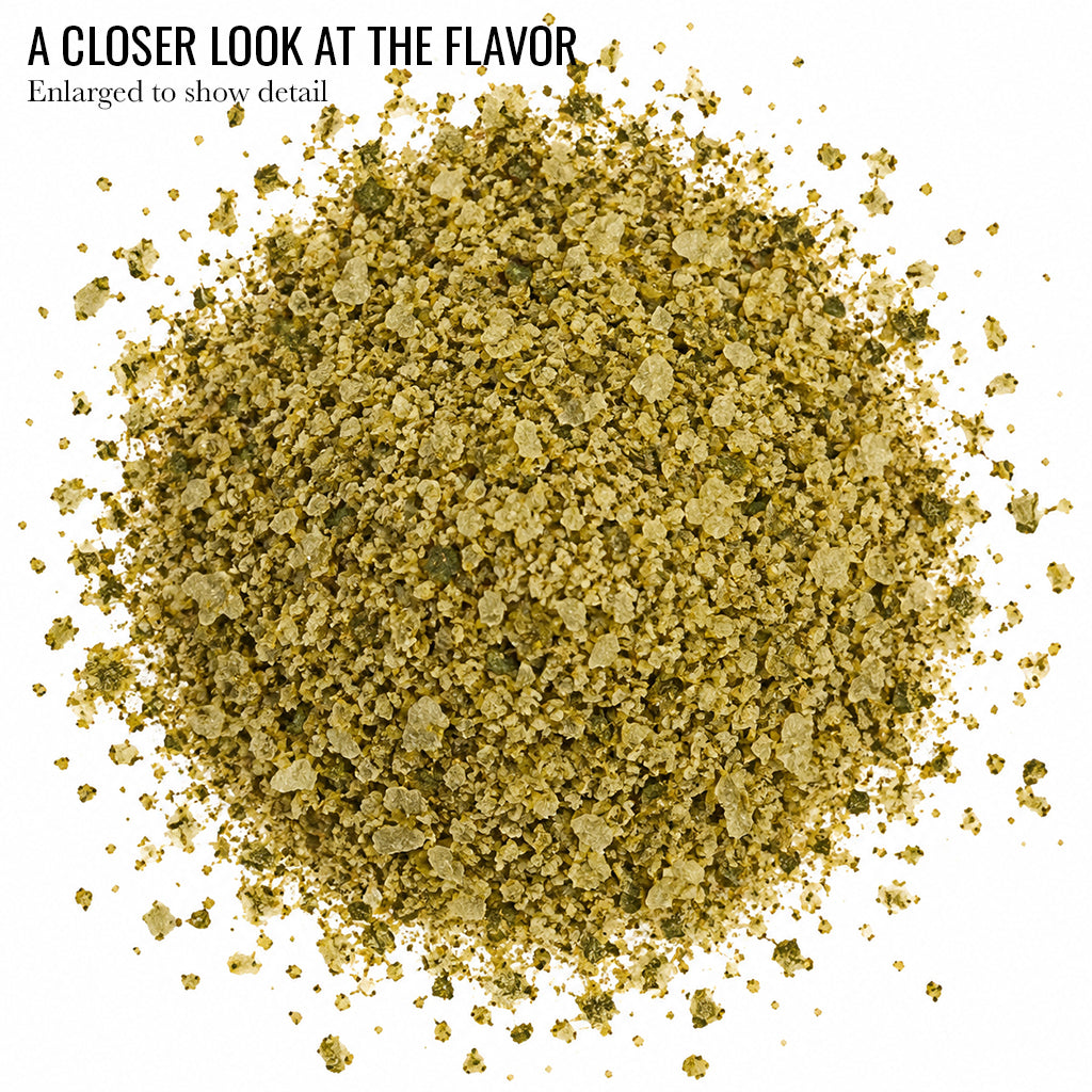 Close up of olive green Chili Verde Flake Sea Salt with the words A Closer Look at the Flavor