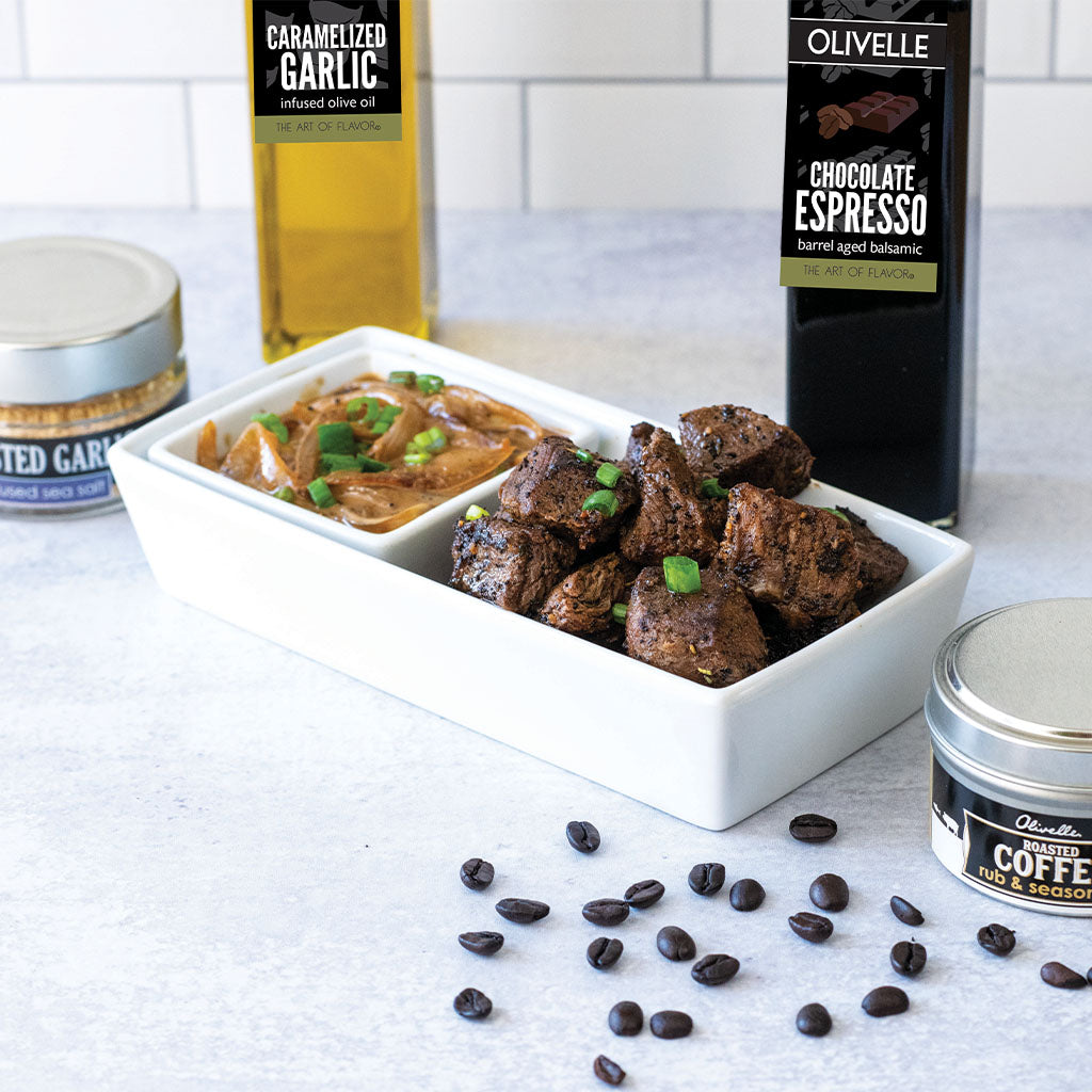 Coffee Steak Tips with Caramelized Onion Balsamic Whiskey Cream Sauce Recipe Gift Kit
