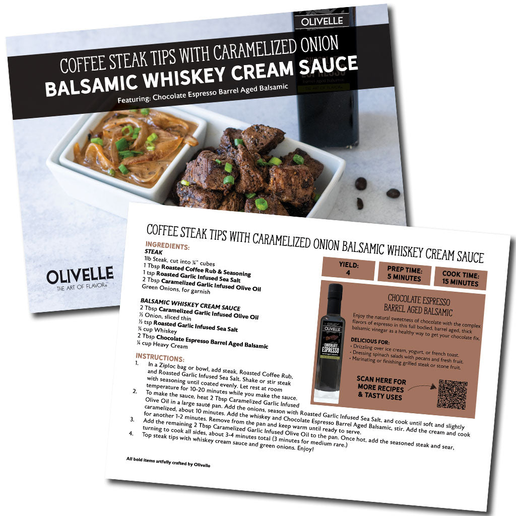 Coffee Steak Tips with Caramelized Onion Balsamic Whiskey Cream Sauce Recipe Card