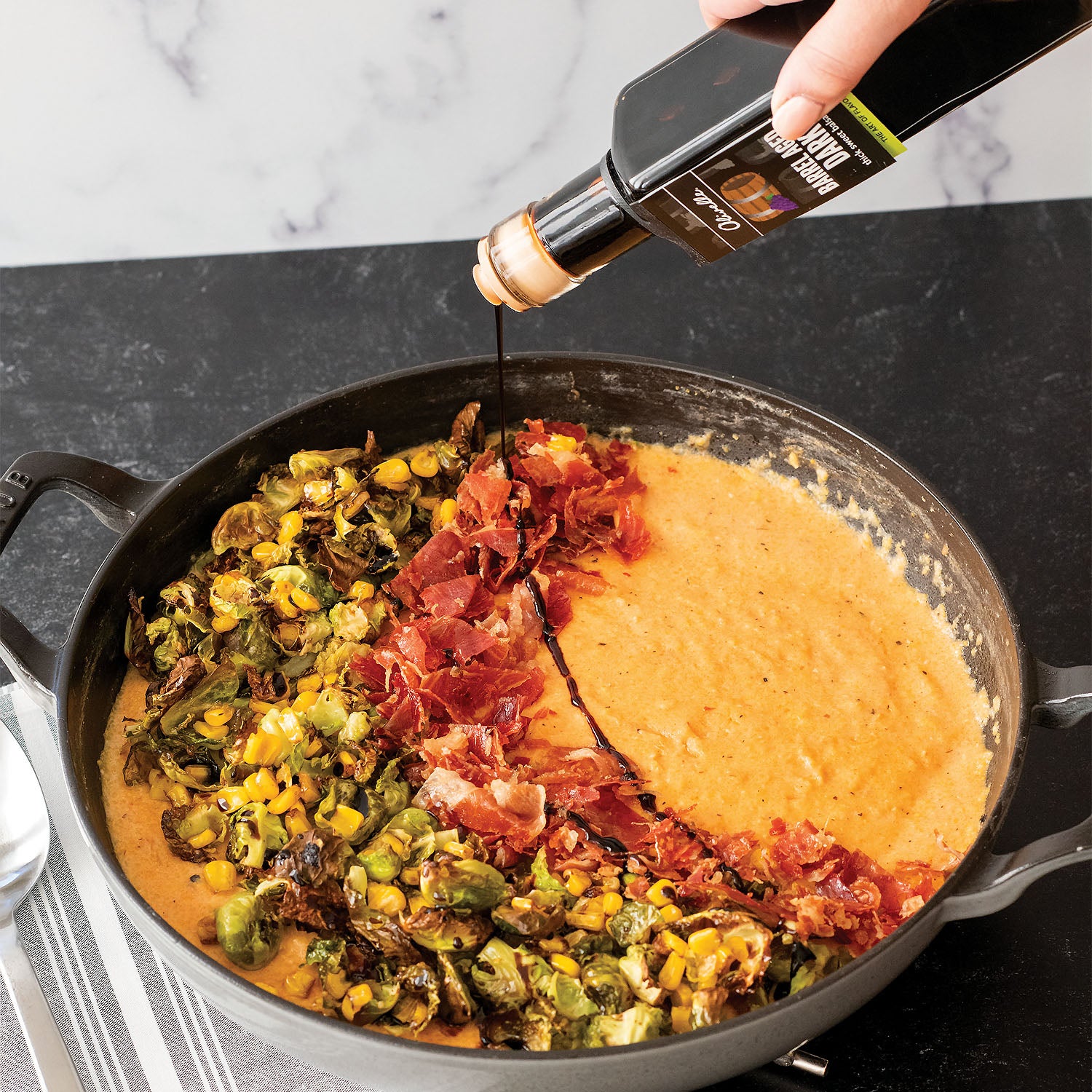 Creamy Polenta with Crispy Pancetta, Brussel Sprouts, and Corn