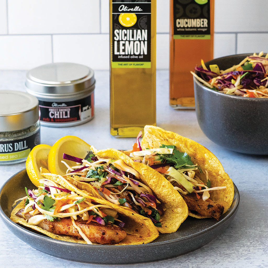 Lemon & Chili Fish Tacos with Cucumber Slaw