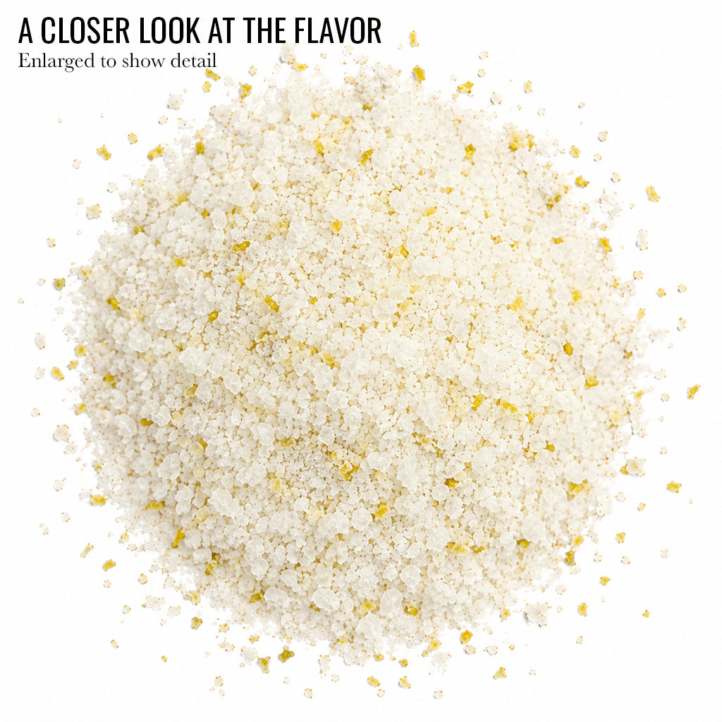 Close up of pale Lime Fresco Infused Sea Salt with the words A Closer Look at the Flavor