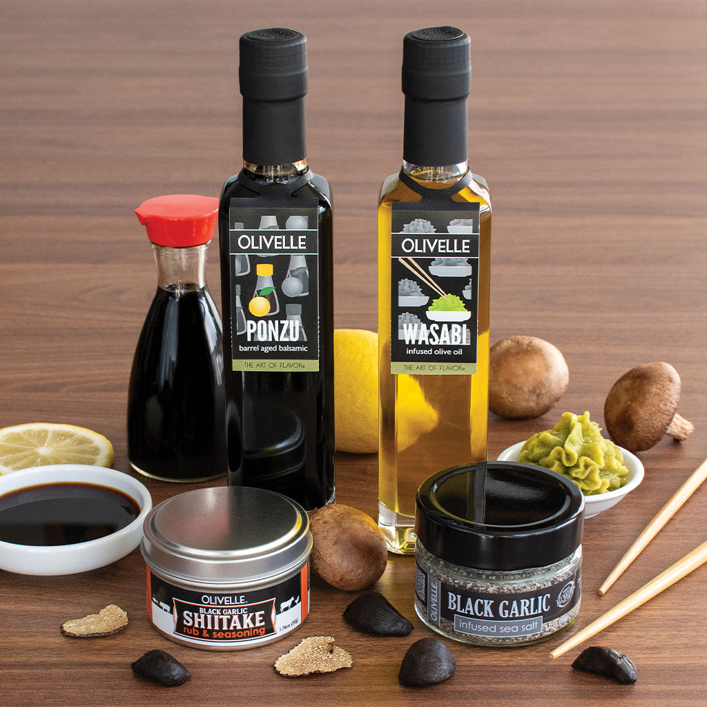 Ponzu Balsamic and Wasabi Olive Oil with Black Garlic Shiitake Rub and Black Garlic Sea Salt