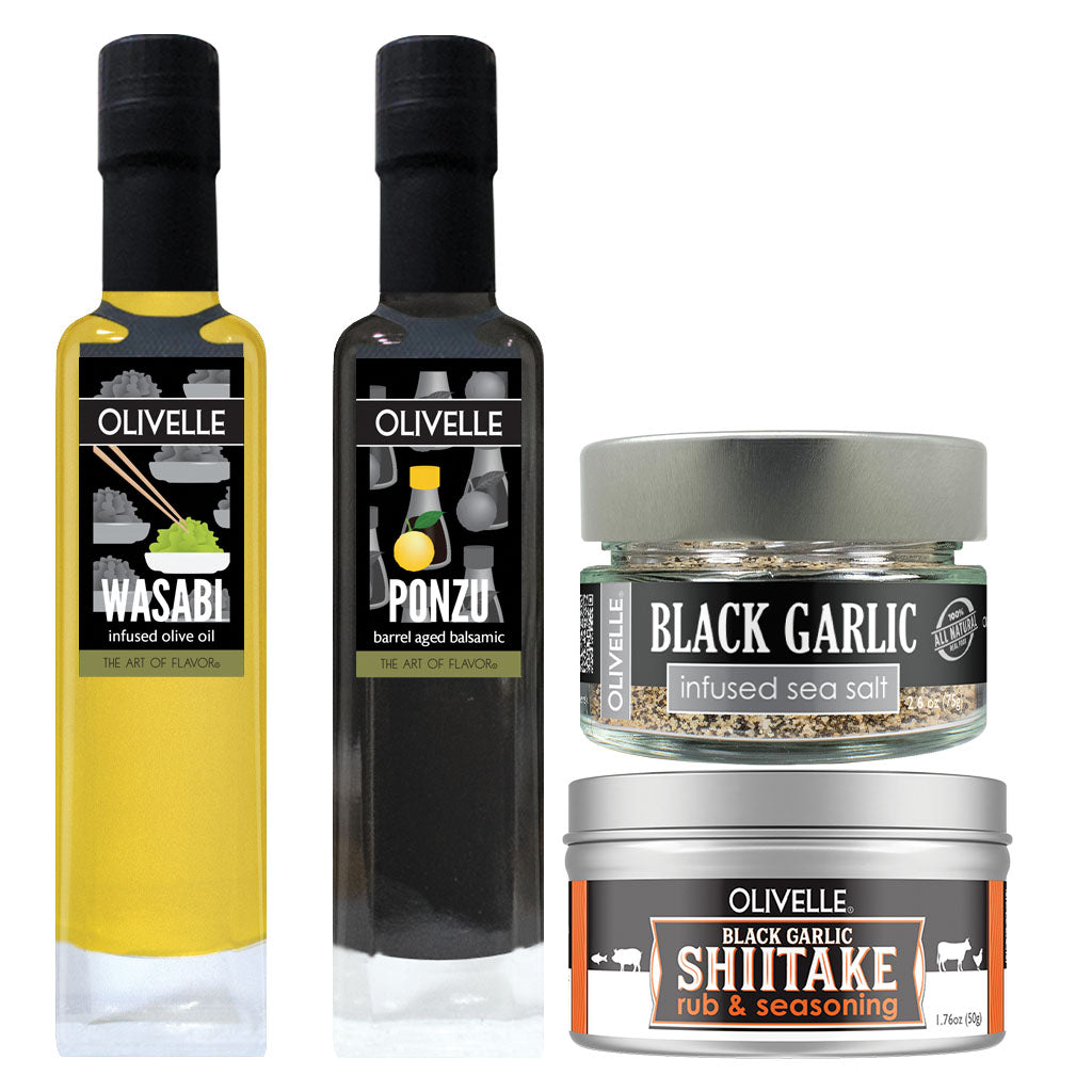 Ponzu Balsamic and Wasabi Olive Oil with Black Garlic Shiitake Rub and Black Garlic Sea Salt 250ml size