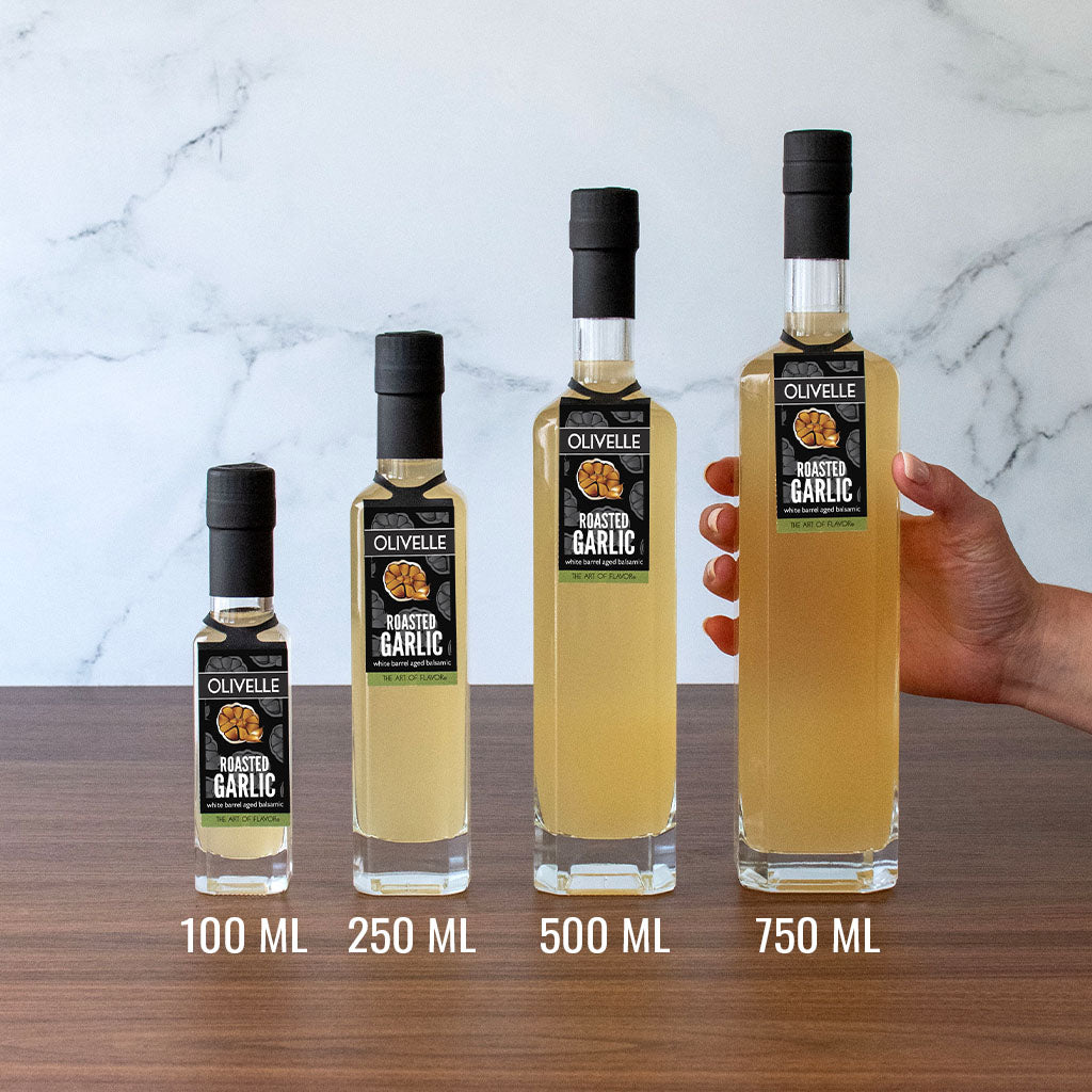Roasted Garlic White Barrel Aged Balsamic Bottle Size