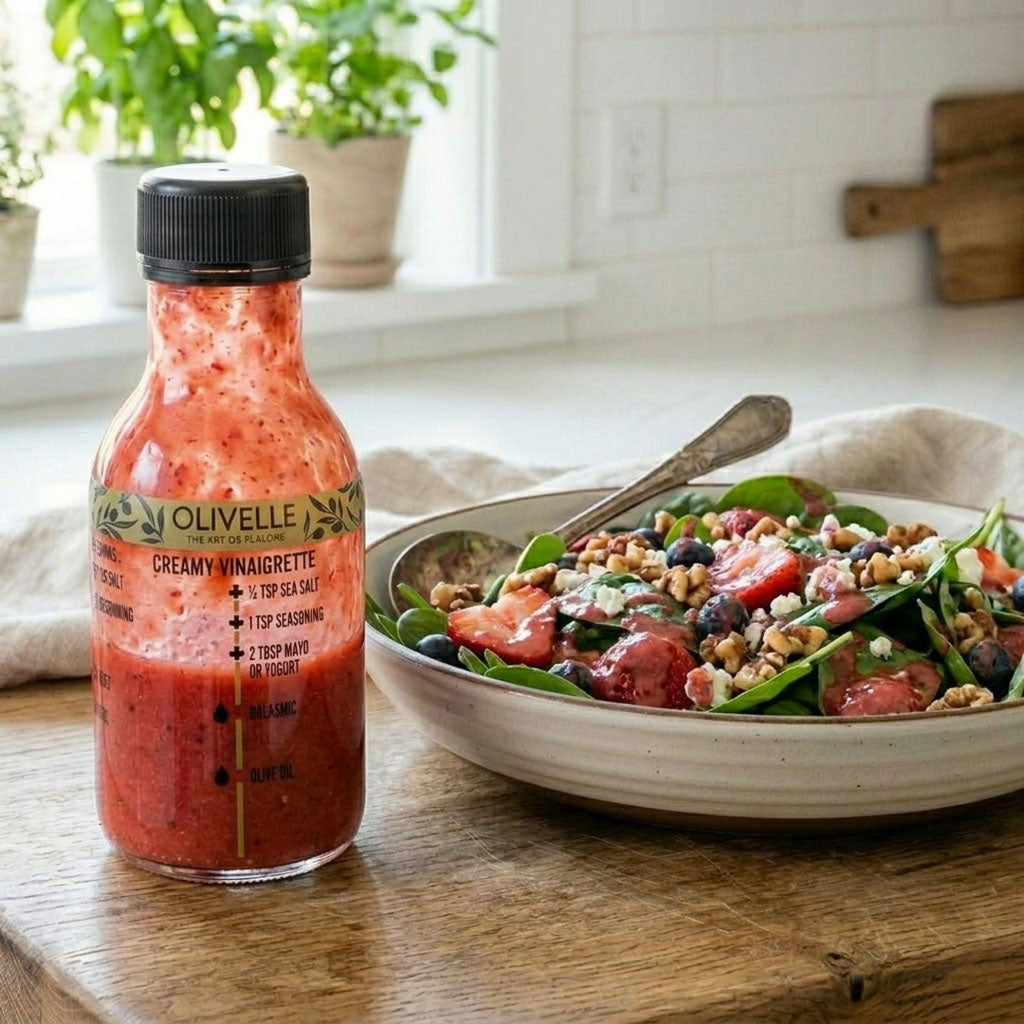 Shake It bottle filled with red dressing beside a bowl of salad with greens and sliced fruit