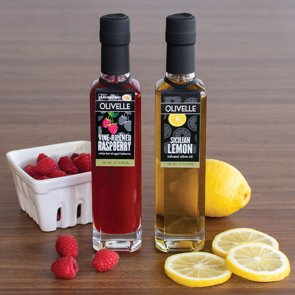 Sicilian Lemon Infused Olive Oil & Vine-Ripened Raspberry White Barrel Aged Balsamic