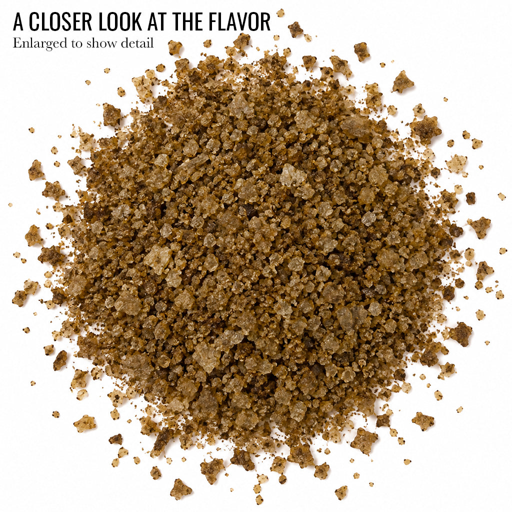 Close up of brown Smokey Bacon Infused Sea Salt with the words A Closer Look at the Flavor