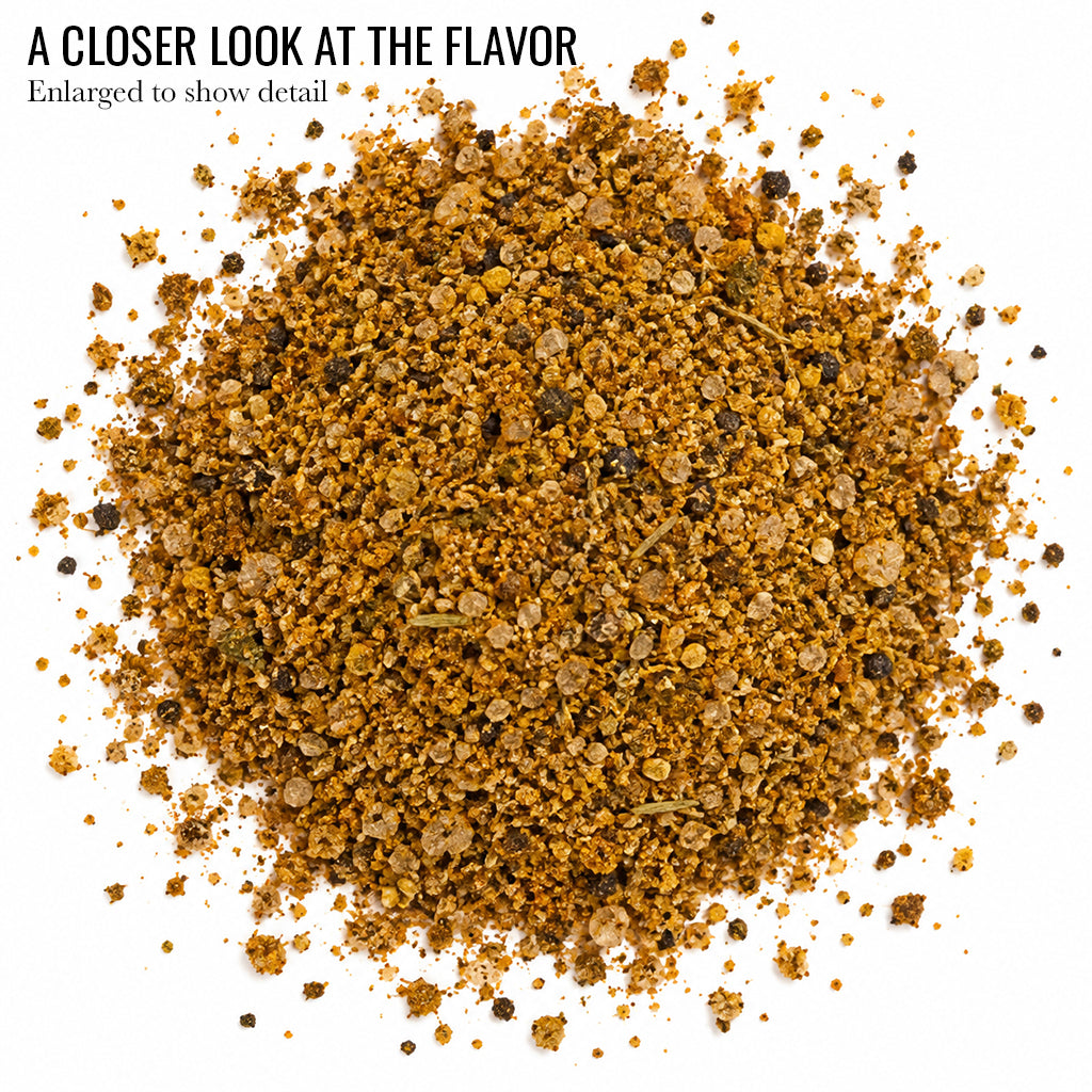 Close up of golden brown Sweet Applewood Barbecue Rub and Seasoning with the words A Closer Look at the Flavor