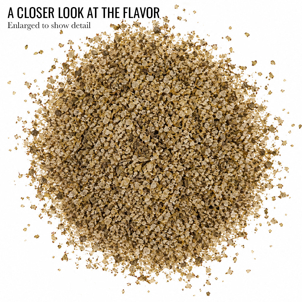 Close up of speckled Vanilla Bean Infused Sea Salt crystals with the words A Closer Look at the Flavor