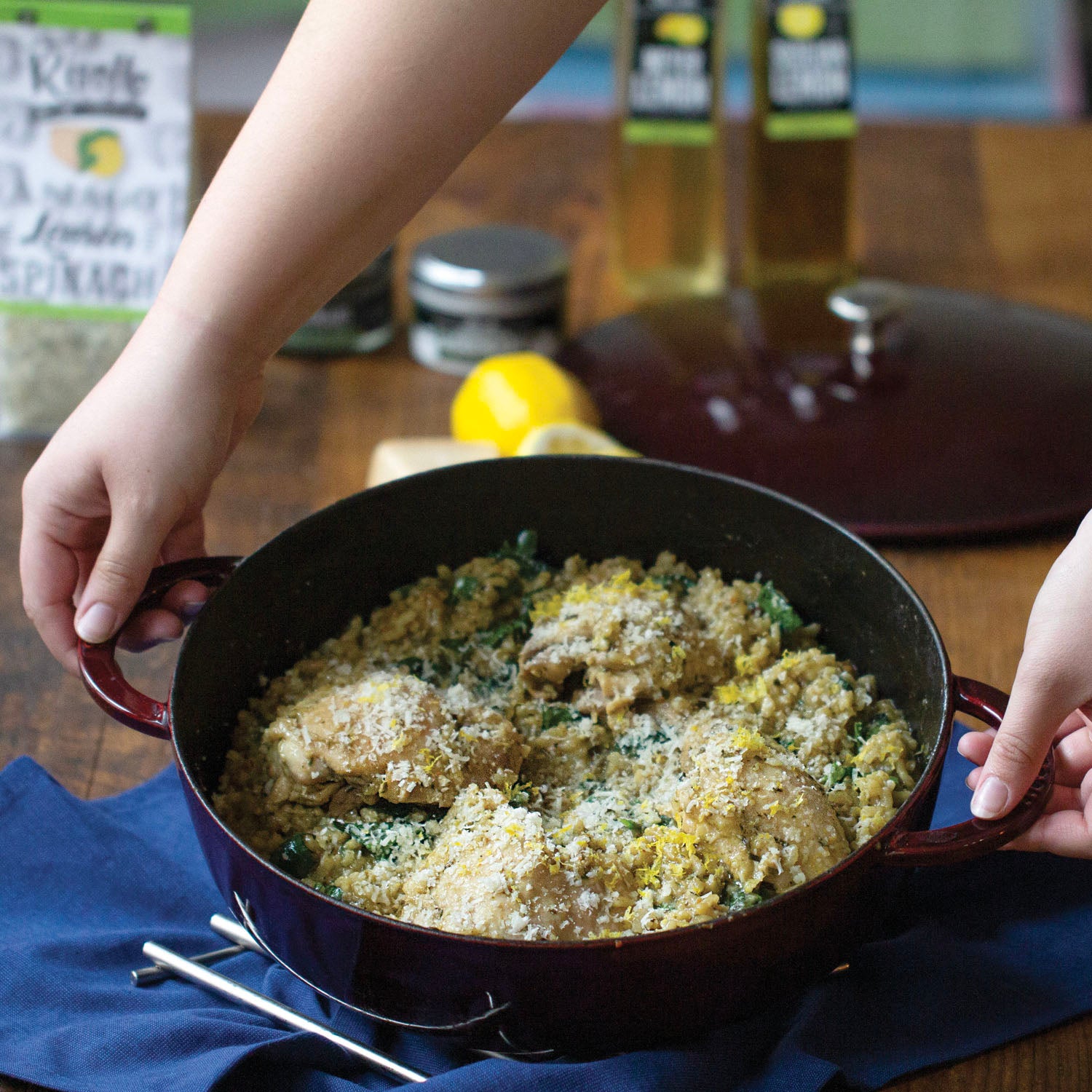 Asiago Lemon Spinach Risotto - asiago lemon spinach risotto with braised chicken thighs