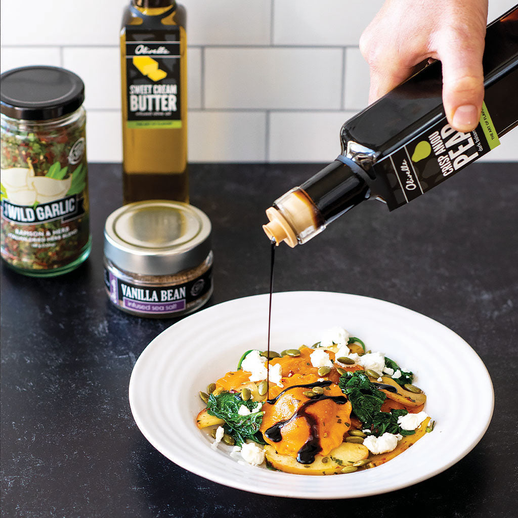 Squash Ravioli with Sautéed Apples & A Pear Balsamic Drizzle