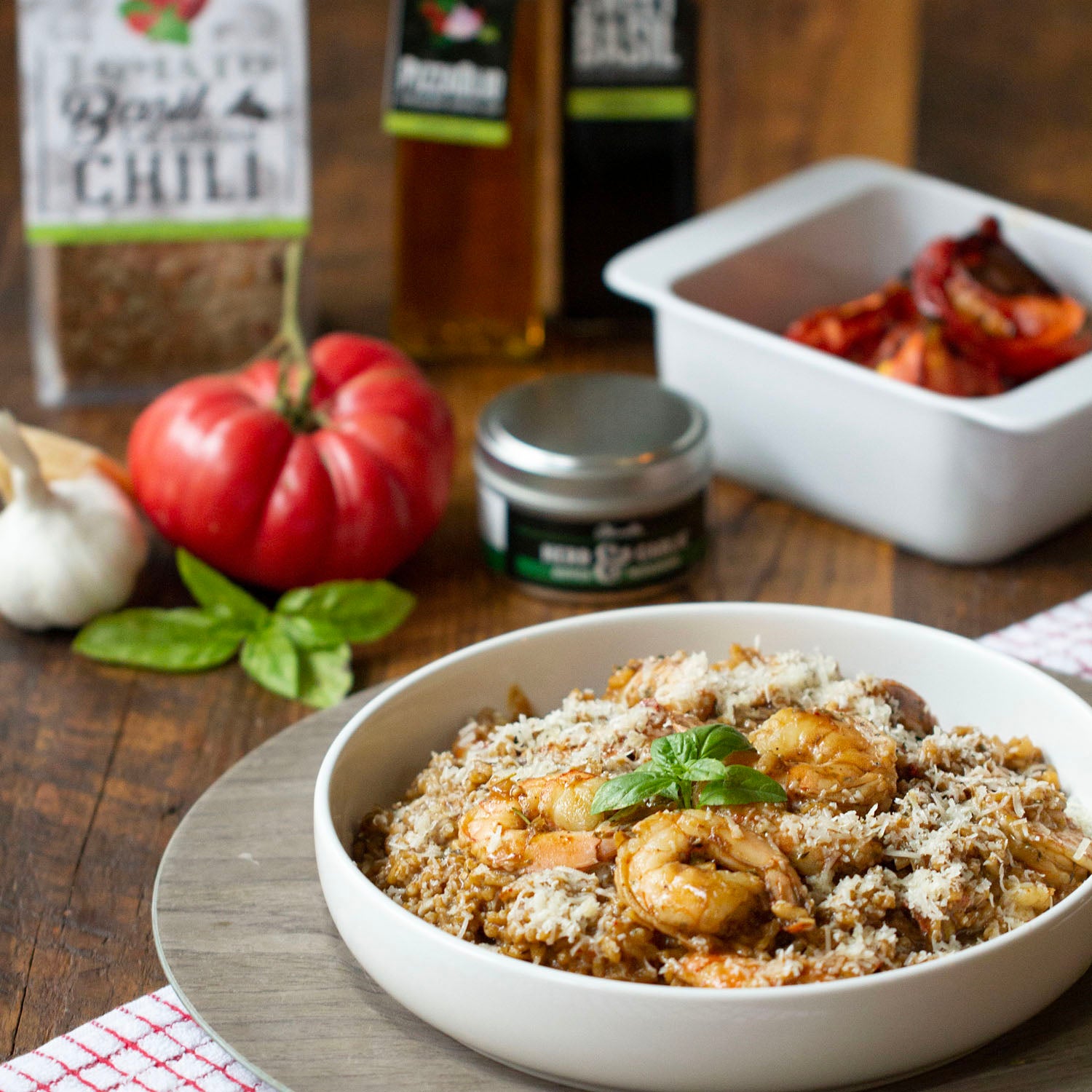 Tomato Basil and Calabrian Chili Risotto with Shrimp