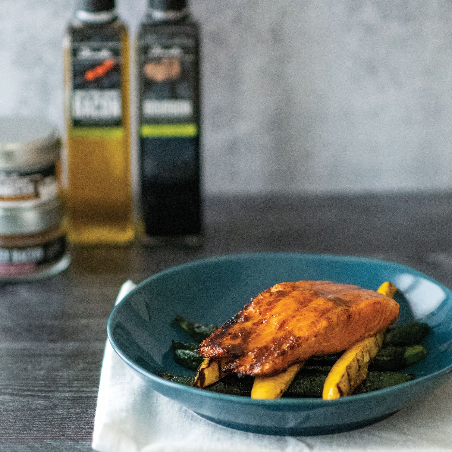 Grilled Salmon and Squash with Brown Sugar Bourbon Glaze