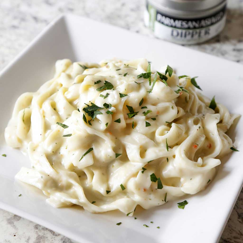While the pasta is cooking, make this Three Cheese Alfredo by creating a rich and creamy paste using our Caramelized Garlic Olive Oil, Parmesan Asiago dipper and a little flour. Toss in cooked pasta, finish with grated Pecorino and serve in a white dish.