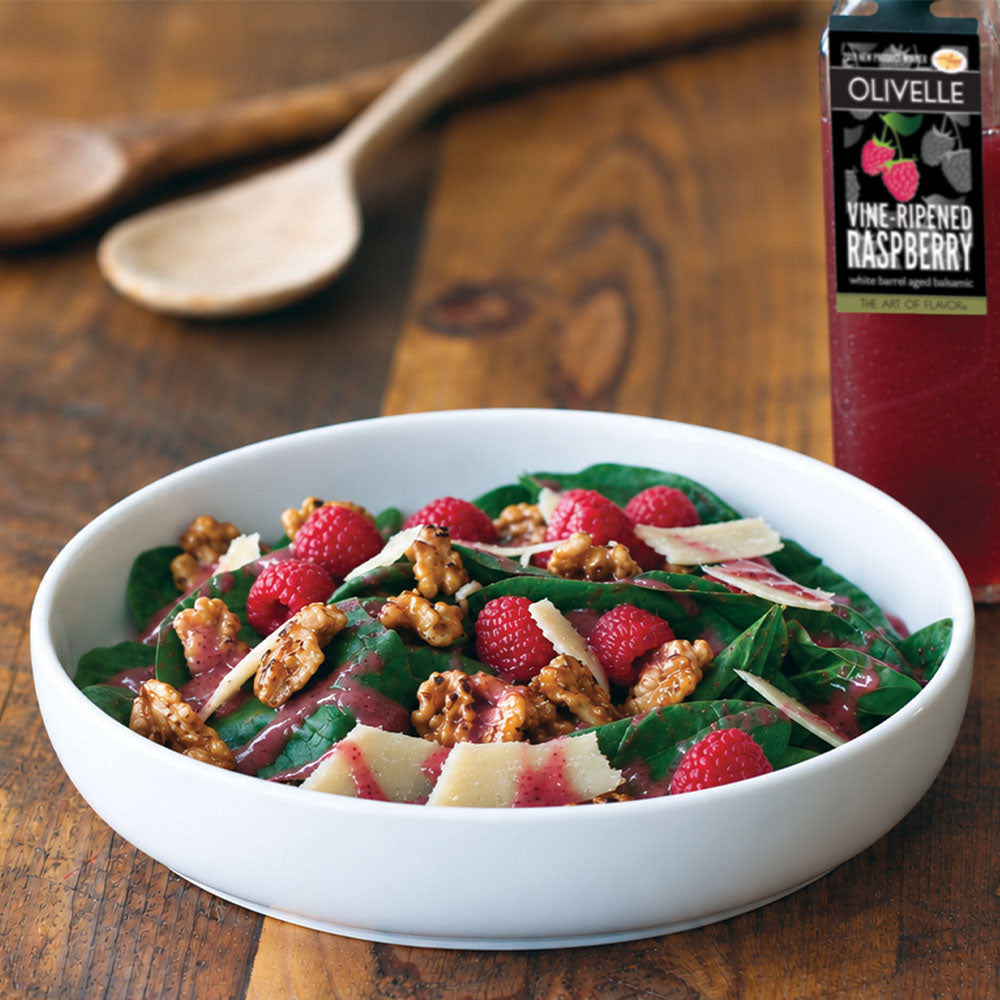 Raspberry Spinach Salad with Balsamic Caramelized Nuts