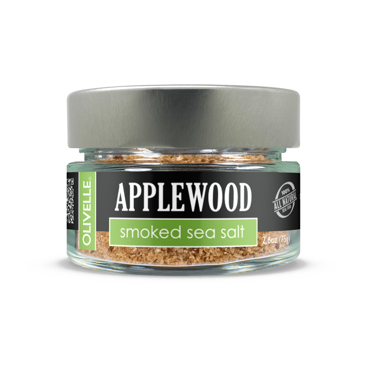 Glass jar of Applewood Smoked Sea Salt with a black lid
