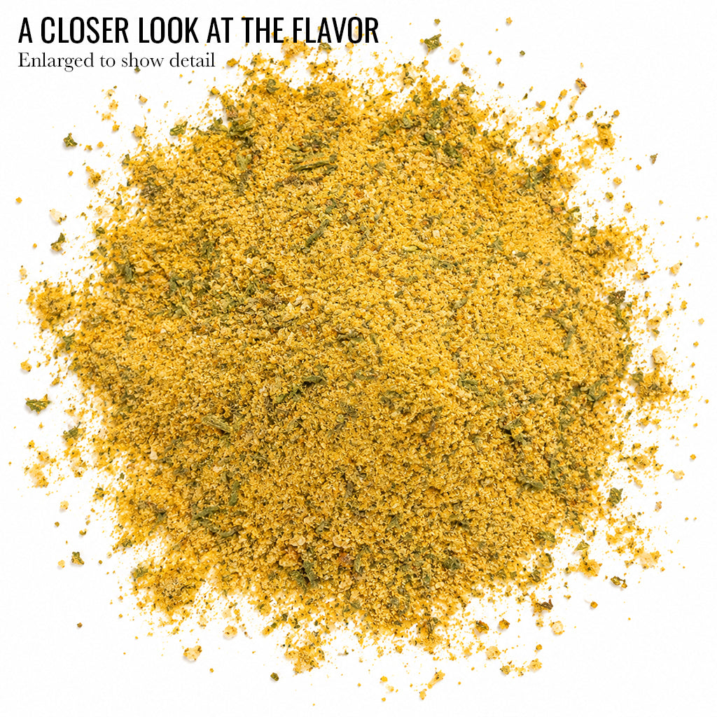 Close up of pale yellow Asiago Ranch Popcorn Seasoning blend with the words A Closer Look at the Flavor
