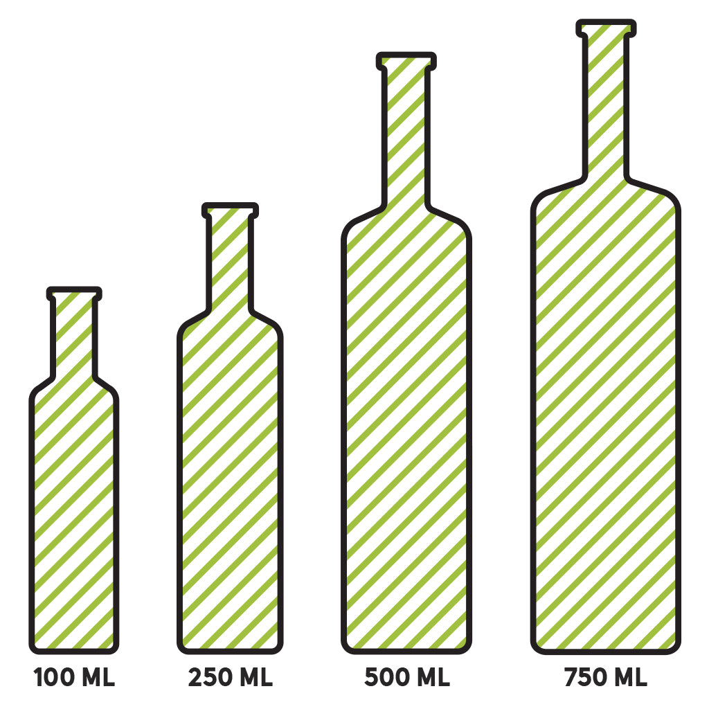 100ml, 250ml, 500ml, and 750ml sizes depicted in graphic for infused olive oil