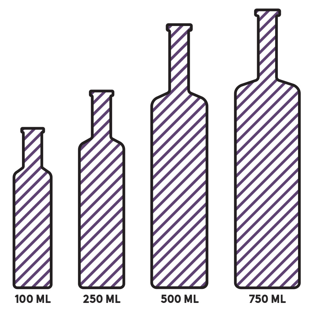 100ml, 250ml, 500ml, and 750ml sizes depicted in graphic for balsamic vinegars