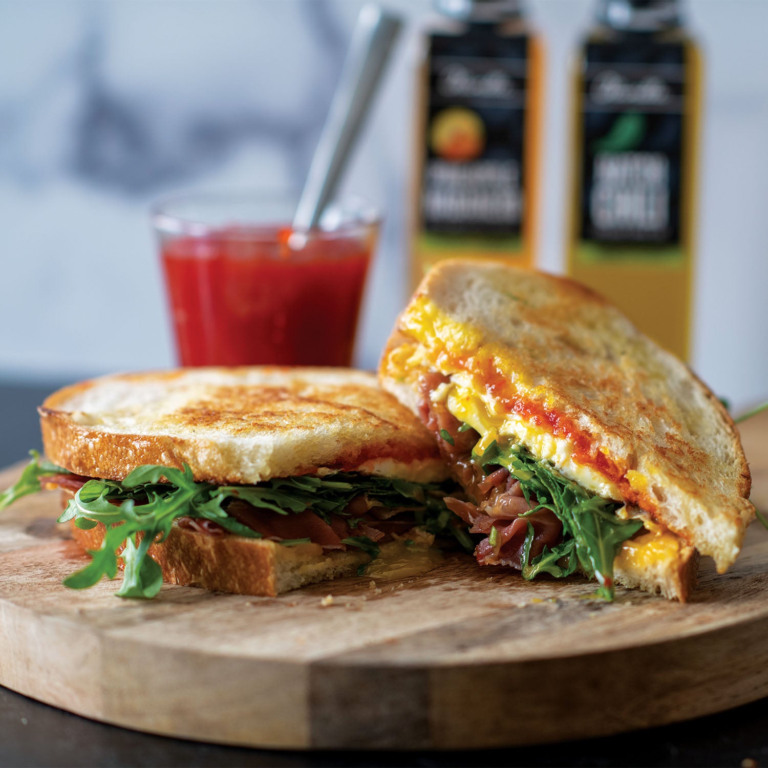 Fried Egg, Prosciutto, and Red Pepper Jam Breakfast Sandwich