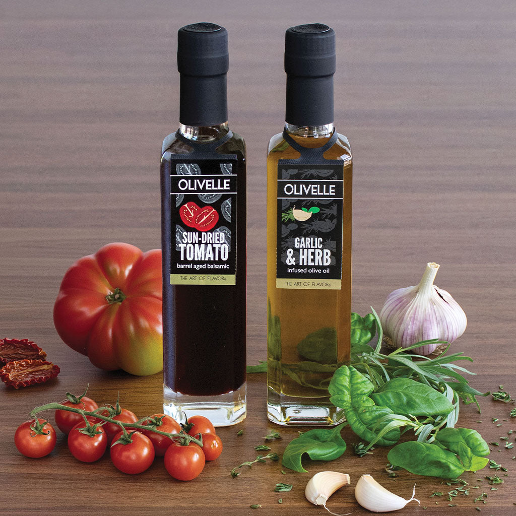 Garlic & Herb Infused Olive Oil & Sun-Dried Tomato Barrel Aged Balsamic Lifestyle