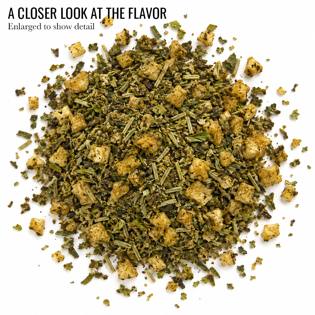 Close up of dried green and yellow Herb and Garlic Dipper seasoning with the words A Closer Look at the Flavor