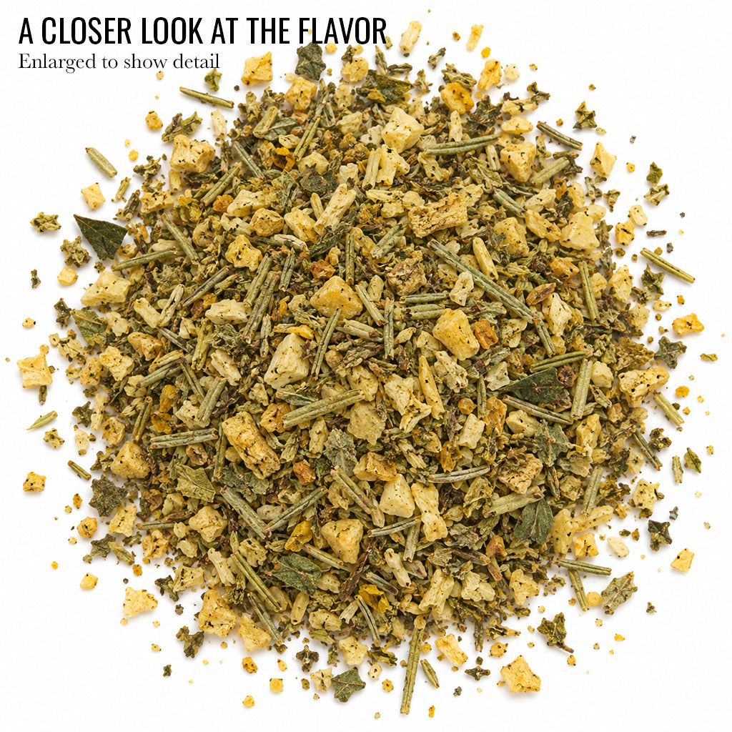 Close up of dried green and golden Mediterranean Rosemary Rub and Seasoning with the words A Closer Look at the Flavor