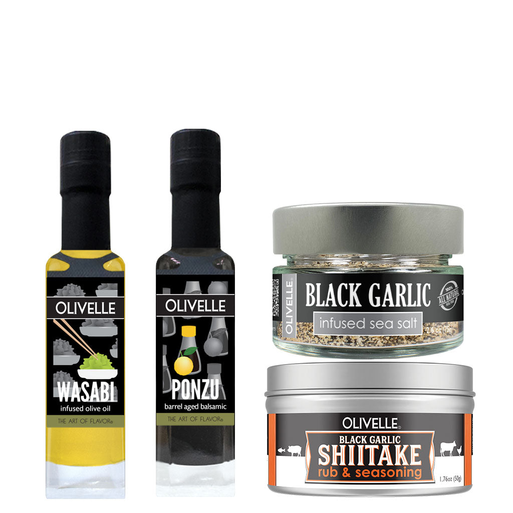 Ponzu Balsamic and Wasabi Olive Oil with Black Garlic Shiitake Rub and Black Garlic Sea Salt 100ml size