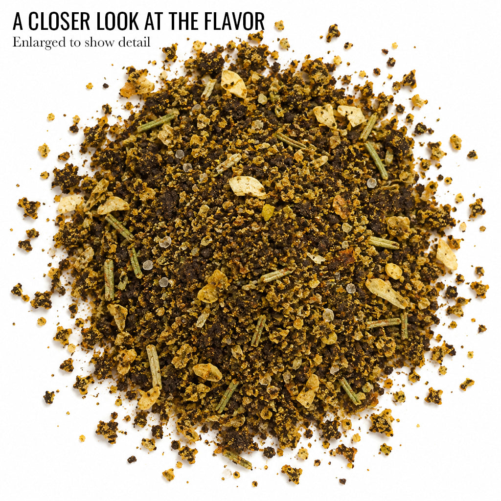 Close up of dark brown Roasted Coffee Rub and Seasoning with the words A Closer Look at the Flavor
