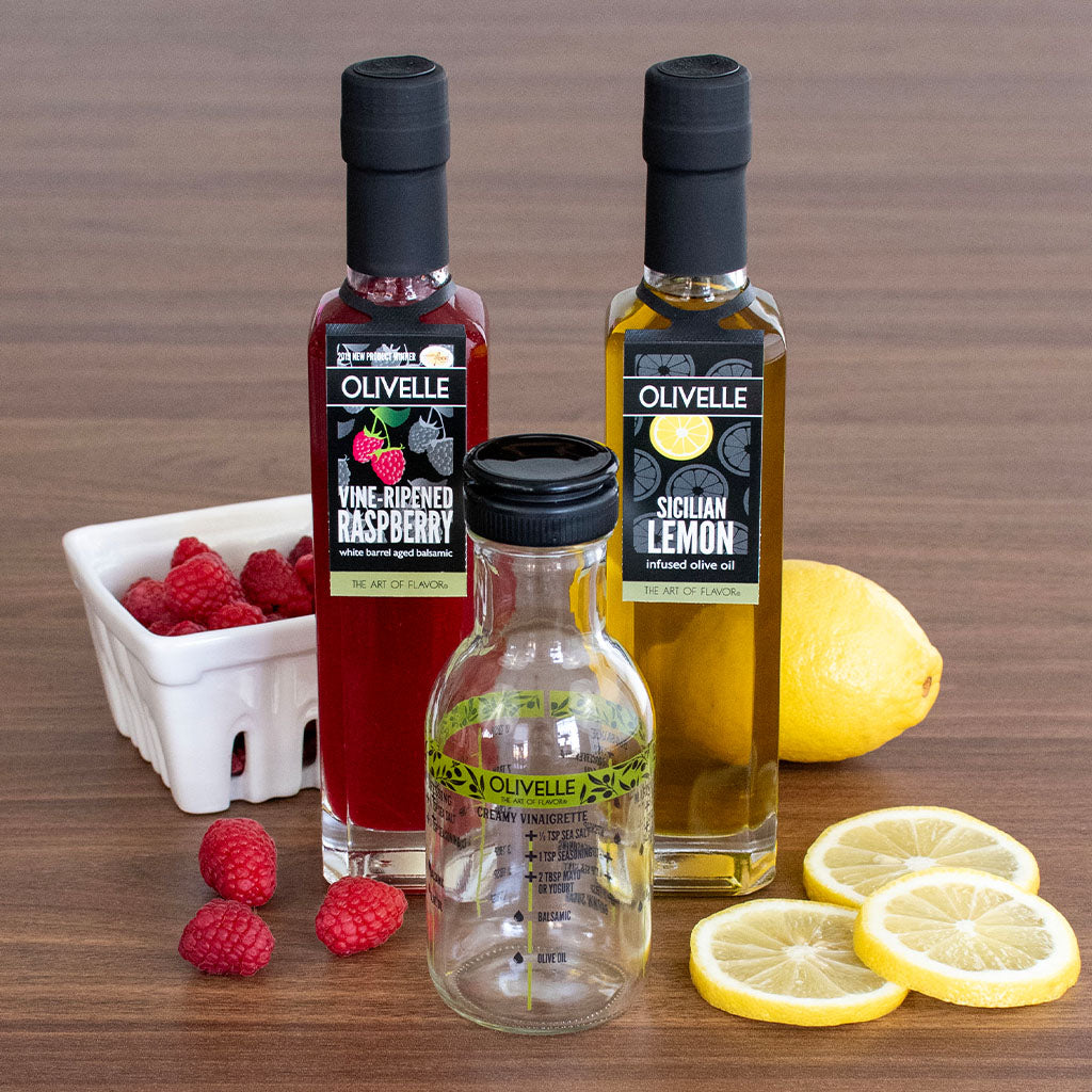 Sicilian Lemon Infused Olive Oil & Vine-Ripened Raspberry White Barrel Aged Balsamic