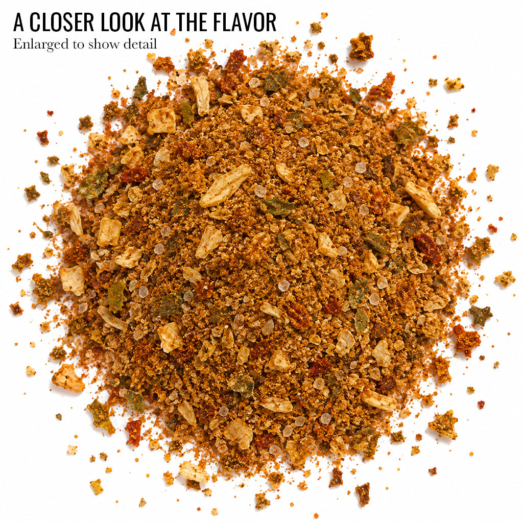 Close up of orange brown Sweet Smoked Chili Rub and Seasoning with the words A Closer Look at the Flavor