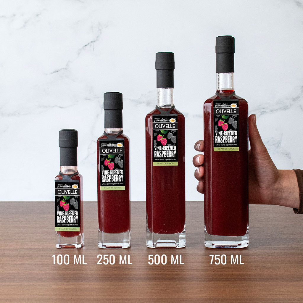 Vine-Ripened Raspberry White Barrel Aged Balsamic Bottle Size