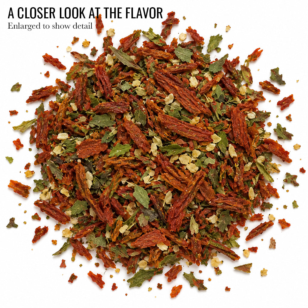 Close up of Wild Garlic Dried Herb Blend with green herbs and red pepper pieces and the words A Closer Look at the Flavor